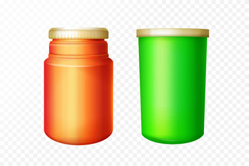 Vector red and green medical bottles set on transparent background. 3d containers for pharmaceutical drugs, pills and supplements. Realistic healthcare medications packaging template.