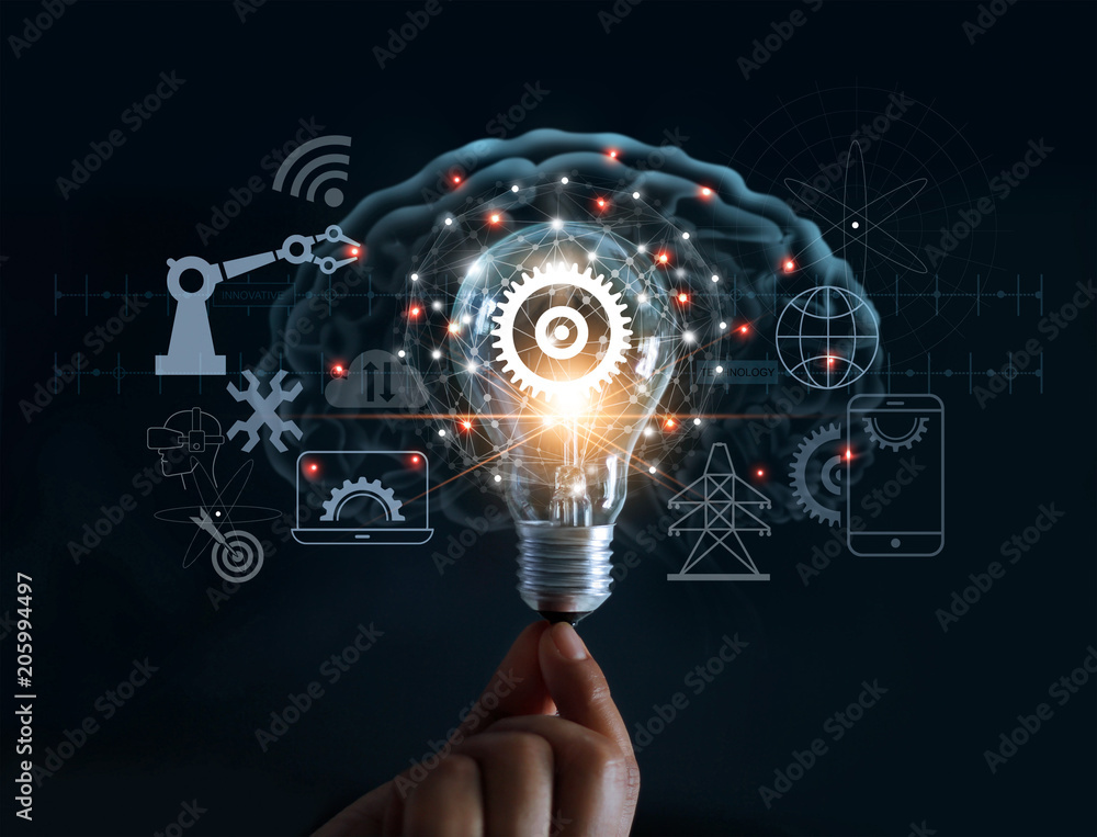 Aufkleber hand holding light bulb and cog inside and innovation icon network connection on brain background, i