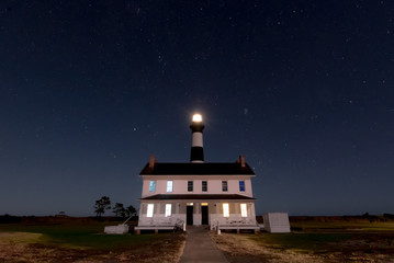 NAGS HEAD, NC - OCTOBER 27, 2017:  The Bodie Island Lighthouse shines beneath a canopy of stars...