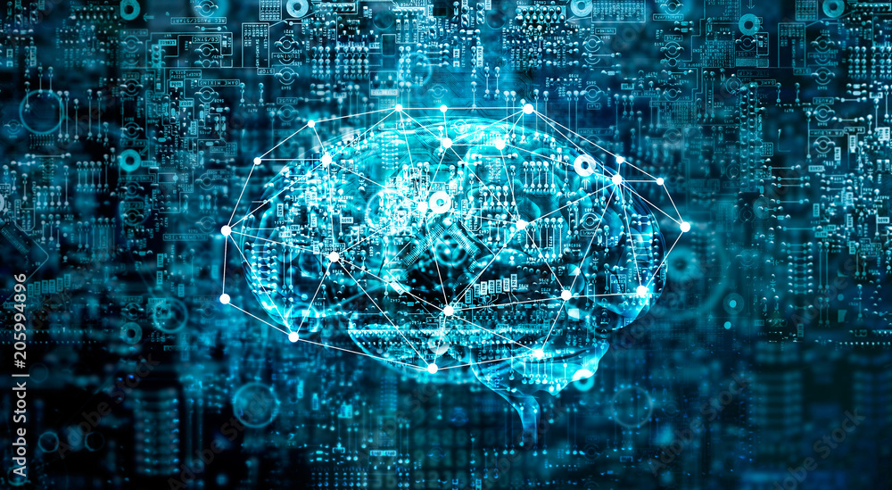 Poster Artificial Intelligence digital Brain future technology on motherboard computer. Binary data. Brain of AI. Futuristic Innovative technology in science concept