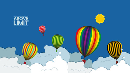Heißluftballon-Cartoon, der über Wolke fliegt