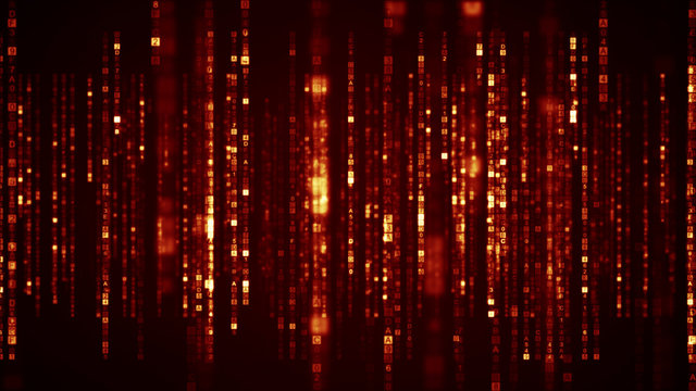 Columns of orange HEX program code digital symbols