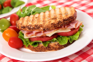 Picnic toasted ham and cheese sandwich with cherry toamatoes