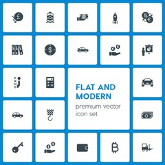 Modern Simple Set of business, transports, industry, money Vector fill Icons. Contains such Icons as  science,  bitcoin,  forklift, finance and more on dark background. Fully Editable. Pixel Perfect