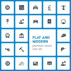 Modern Simple Set of business, transports, industry, money Vector fill Icons. Contains such Icons as drill,  connection,  web,  bank, car and more on dark background. Fully Editable. Pixel Perfect
