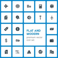 Modern Simple Set of business, transports, industry, money Vector fill Icons. Contains such Icons as  industrial,  earth,  button,  plane and more on dark background. Fully Editable. Pixel Perfect