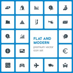 Modern Simple Set of business, transports, industry, money Vector fill Icons. Contains such Icons as  button,  business,  machine, calculator and more on dark background. Fully Editable. Pixel Perfect