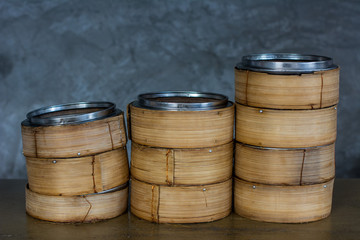 Textured of Steamer dim sum and steamed secondary container in gray wall background.asket of Dim sum Container