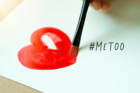 Watercolor red heart and paintbrush with MeToo hashtag on white background.  #metoo as a new movement. As part of anti sexual harassment.