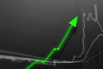 Stock market investment graph for profit.  Candles chart with rising arrow for business and financial gain on wall street.  Conceptual market intelligence.