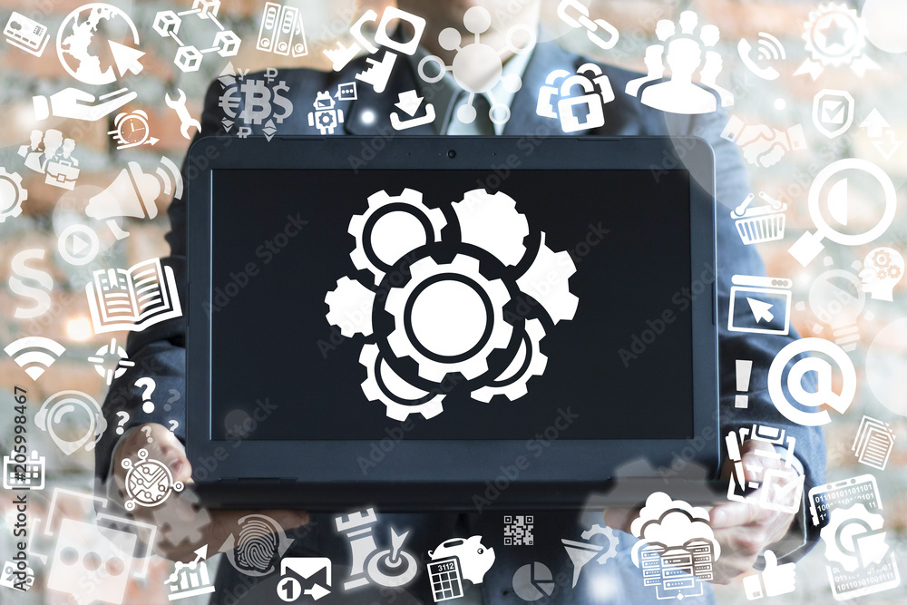 Poster automation computing digital information technology process business system. man offers a laptop wit