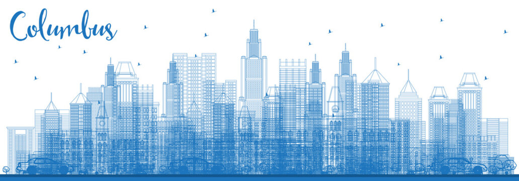 Outline Columbus Skyline with Blue Buildings.