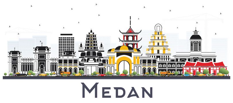 Medan Indonesia City Skyline with Color Buildings Isolated on White.