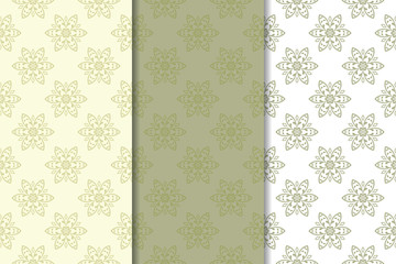 Set of pale olive green floral backgrounds. Seamless patterns