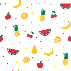 Fruit seamless pattern. Summer exotic juicy watermelon, banana, apple, orange citrus, cherry, pineaple. Fabric textile modern trendy design. Vector illustration. White background