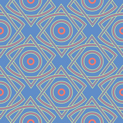 Geometric blue seamless pattern. Multi colored background with red and yellow design