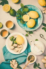 Ginger tea with lemon, honey and mint