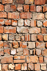 close-up view of old red brick wall textured background