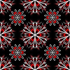 Seamless pattern with flowers. Black red white background