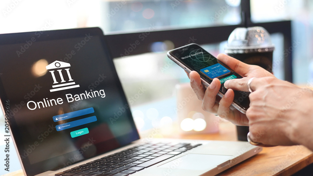 Poster Man using online banking with credit card on touch screen device. Mobile banking. Digital and internet payments shopping on network. All on screen and credit card are designed up.