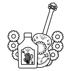 decorative wreath of flowers with tequila bottle and guitar icon over white background, vector illustration