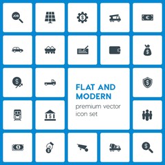 Modern Simple Set of business, transports, industry, money Vector fill Icons. Contains such Icons as business,  corporate,  business, energy and more on dark background. Fully Editable. Pixel Perfect