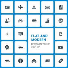 Modern Simple Set of business, transports, industry, money Vector fill Icons. Contains such Icons as target,  competition,  race,  pound,  id and more on dark background. Fully Editable. Pixel Perfect