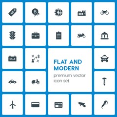 Modern Simple Set of business, transports, industry, money Vector fill Icons. Contains such Icons as card,  screw, construction, wheelbarrow and more on dark background. Fully Editable. Pixel Perfect