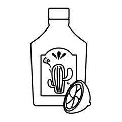 tequila bottle and lemon slice over white background, vector illustration