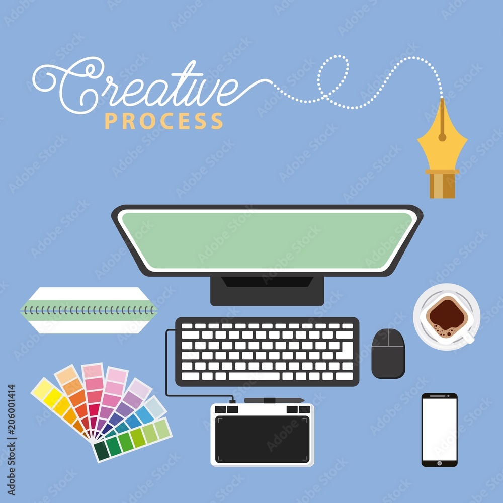 Aufkleber working process tools computer tablet smartphone palette color vector illustration
