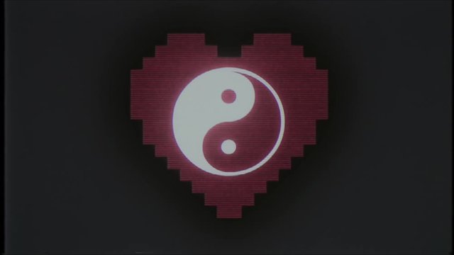 pixel heart with yin yang symbol glitch interference old tv screen seamless loop animation background new dynamic retro vintage joyful colorful video footage