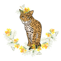 Retro style Illustration with flowers and animal