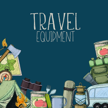 Set of travel equipment. Accessories for camping and camps. Colorful sketch cartoon illustration of camping and tourism equipment. Vector