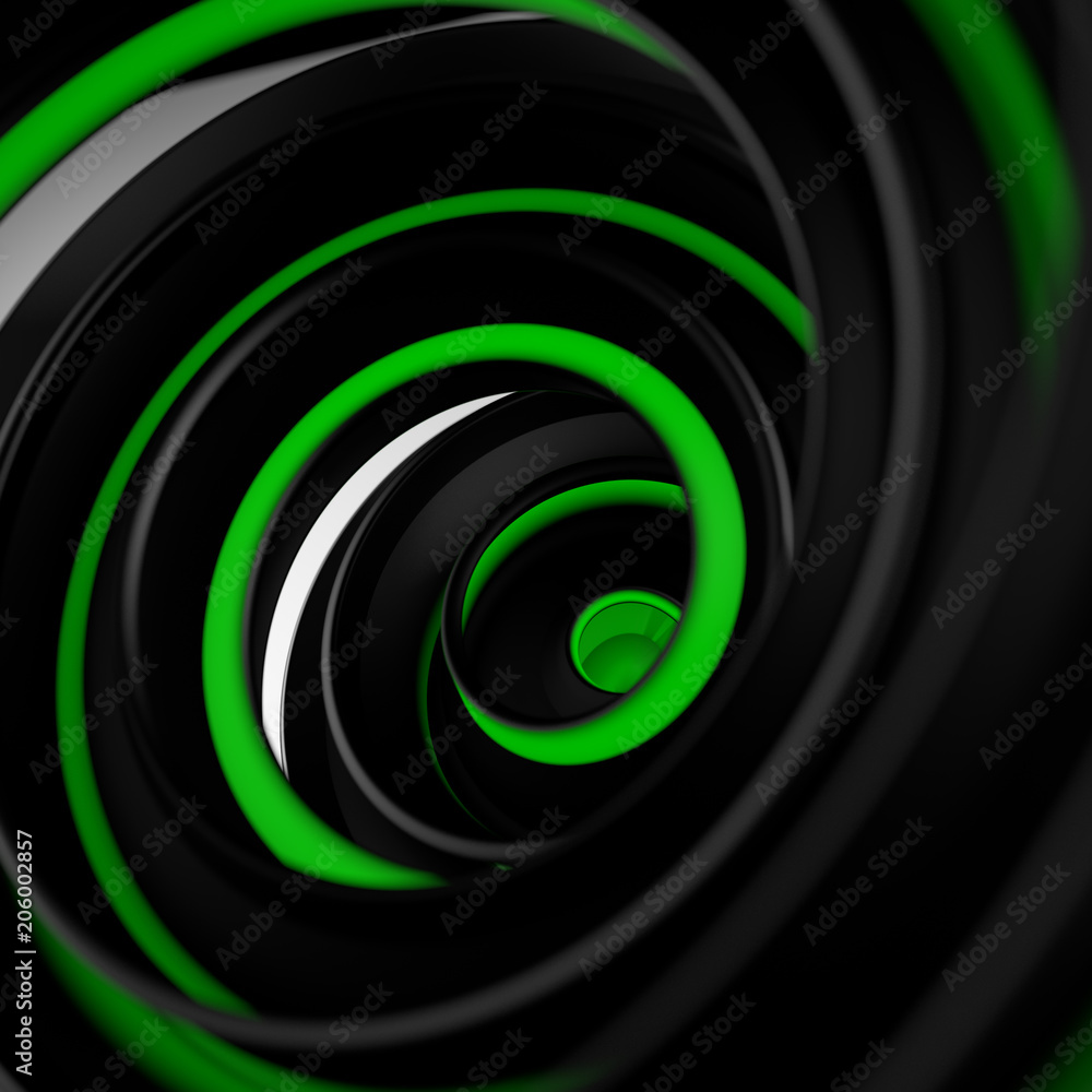 Poster black and green twisted spiral shape abstract 3d render with dof