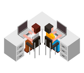 top view people works with computer at desk vector illustration