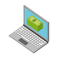 laptop stacked banknote payment money isometric vector illustration