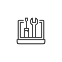 Laptop with wrench and screwdriver outline icon. linear style sign for mobile concept and web design. Laptop Repair and Maintenance line vector icon. Symbol, logo illustration. Vector graphics