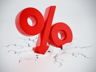 Percentage symbol with arrow on cracked ground. 3D illustration