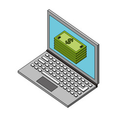 laptop stacked banknote payment money isometric vector illustration