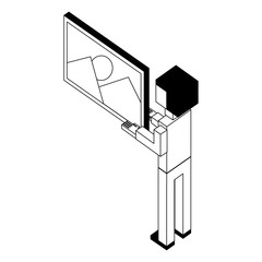 businessman holding photo back view isometric vector illustration black and white