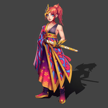 Cold,Elegant,Hot Beautiful Samurai Girl with Swords.Anime and Cartoon Style isolated on White Background.Video Game's Digital CG Artwork,Concept Illustration,Realistic Cartoon Style Character Design                         