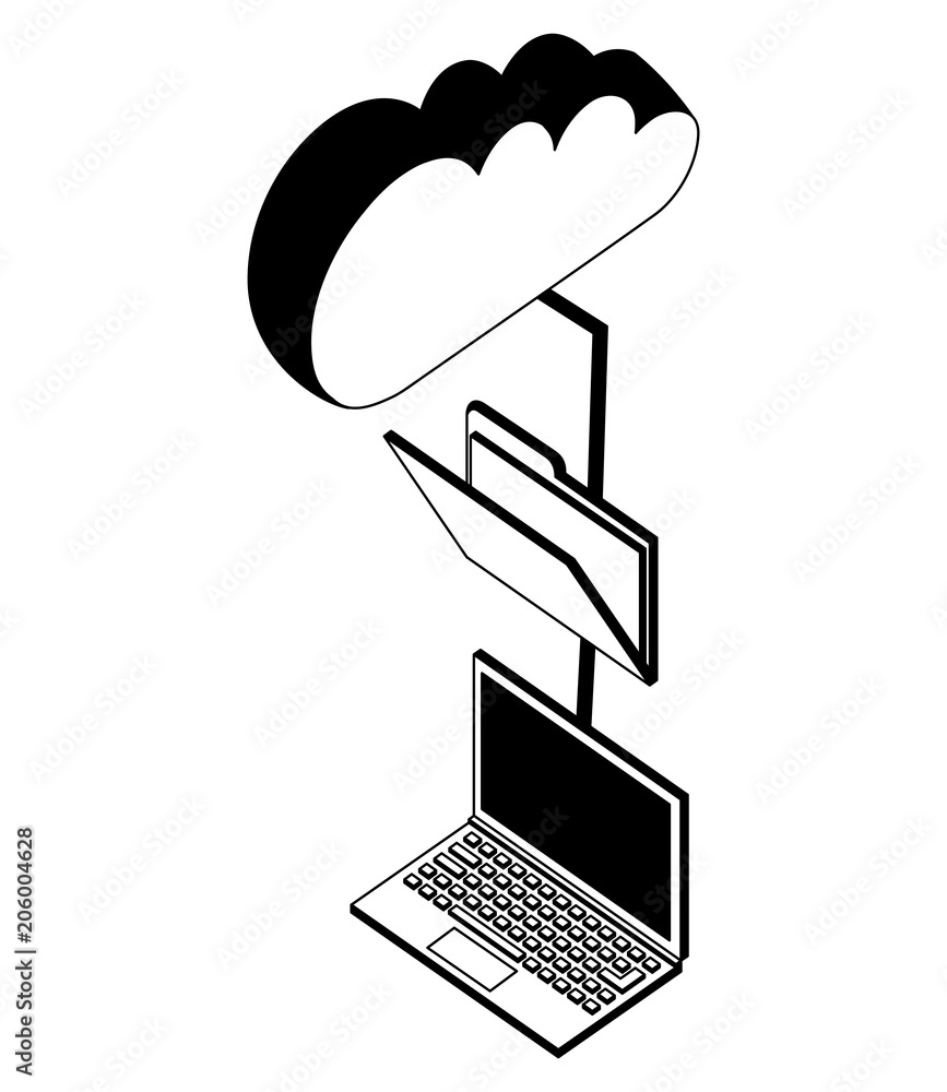 Poster computer transfer data folder cloud computing isometric vector illustration black and white