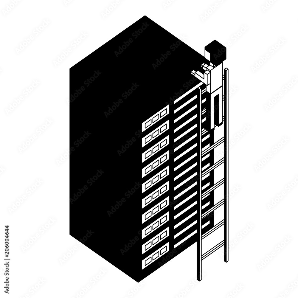 Poster man on stairs with database server technology isometric vector illustration black and white