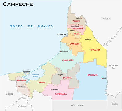 campeche, administrative and political vector map, mexico
