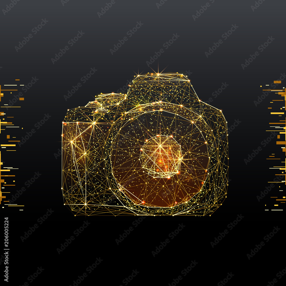 Aufkleber photo. low poly wireframe illustration of camera in gold style. polygonal vector image in rgb color.