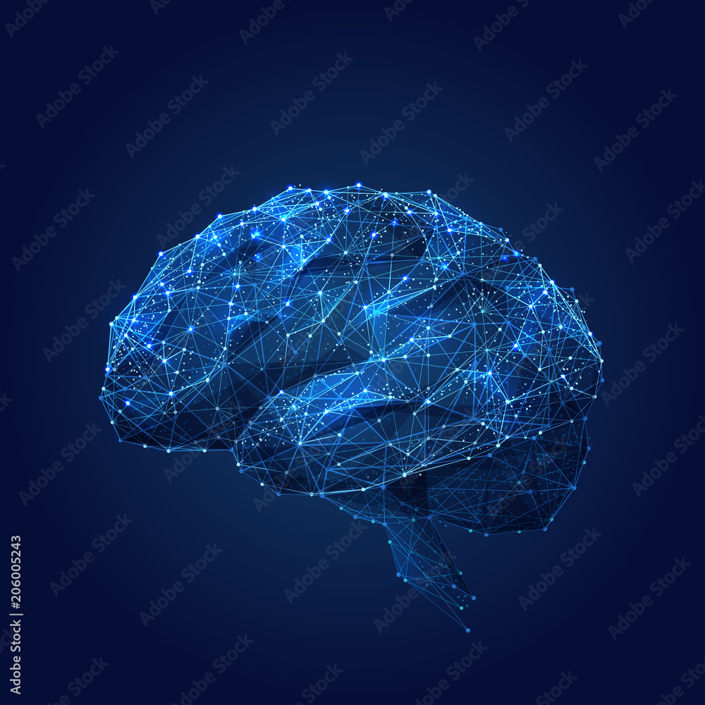Poster Abstract vector image of a human Brine . Low poly wire frame blue illustration on dark background. Lines and dots. RGB Color mode. Best idea concept. Polygonal art.