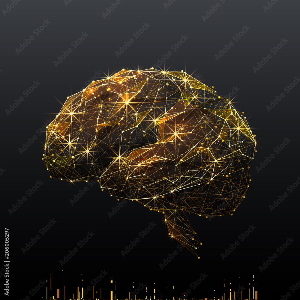 Poster Human Brain. Low poly wireframe illustration of brain in gold style. Polygonal vector image in RGB color. Best idea concept.