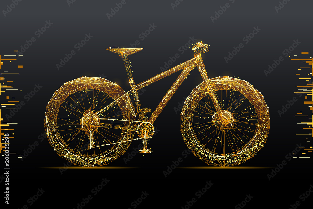 Aufkleber Bicycle. Low poly wireframe illustration of mountain bike in gold style. Polygonal vector image in RGB color. Video blog concept.