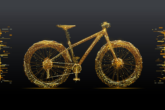 Bicycle. Low poly wireframe illustration of mountain bike in gold style. Polygonal vector image in RGB color. Video blog concept.
