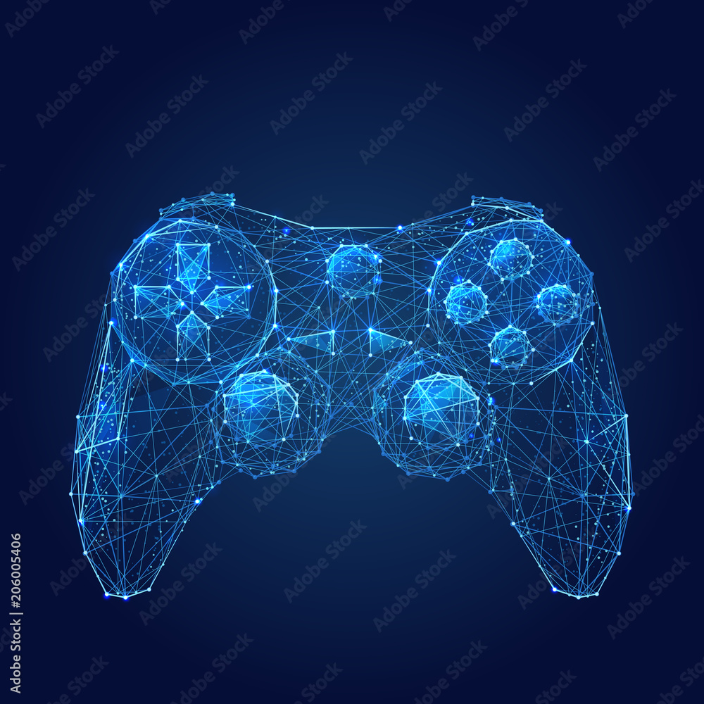 Poster Abstract vector image of joystick for video games. Low poly wire frame illustration. Lines and dots. RGB Color mode. Computer games concept. Polygonal art.